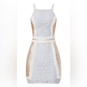 PrettyLittleThing Luci Pale Blue Premium High Neck Jacquard Lace Panel Mini *NWT